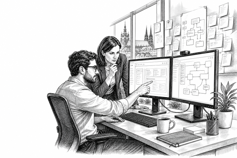 A software developer and a business manager reviewing a custom application on dual monitors, surrounded by workflow diag