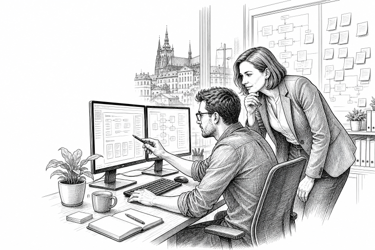 A software developer and a business manager reviewing a custom application on dual monitors, surrounded by flowcharts an