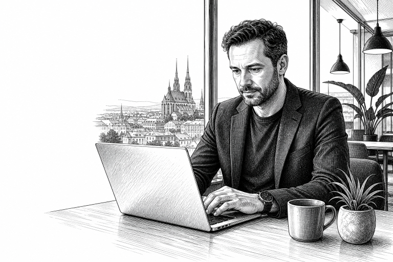 Czech entrepreneur in his early 40s reviewing a website on a laptop at a modern coworking space in Brno, city view visib