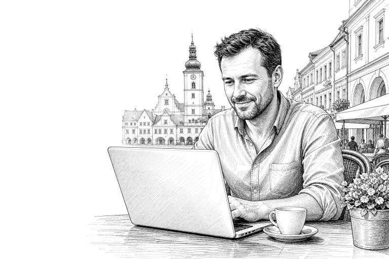 Czech small business owner in his early 40s reviewing a website on a laptop at a bright cafe table in a South Bohemian t