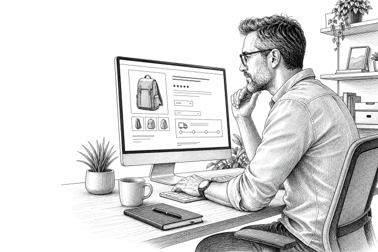 E-commerce shop owner in his 40s reviewing product detail page on desktop monitor showing estimated shipping date, brigh