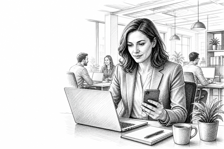 Czech HR manager and team leader reviewing employee attendance records on a laptop and smartphone in a bright modern ope