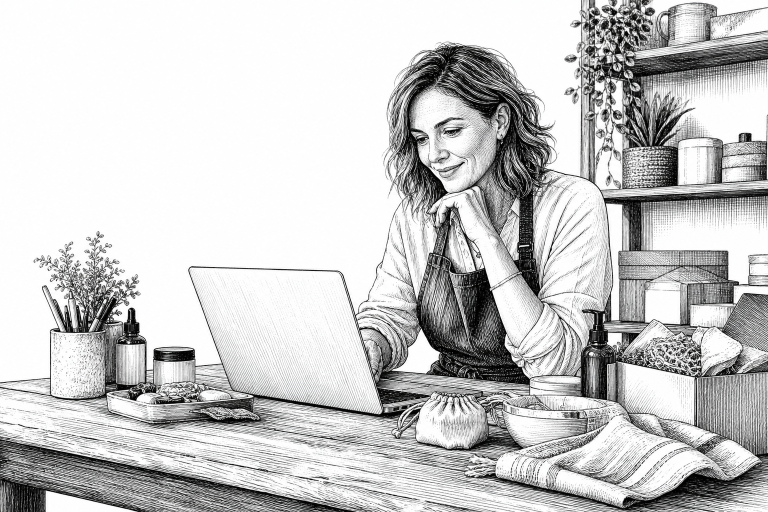 Small business owner in her early 40s reviewing a new e-commerce website on a laptop at a wooden desk, surrounded by pro