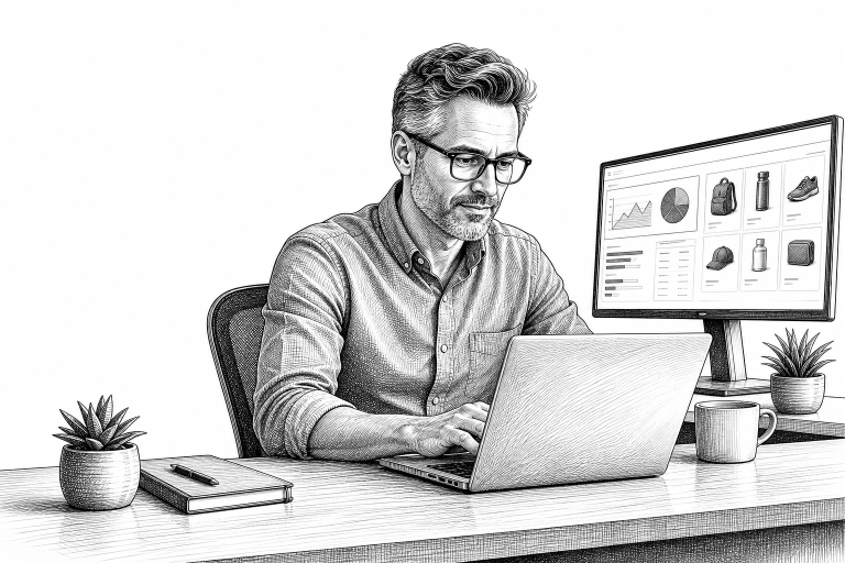 E-commerce specialist in his 40s reviewing product listings on a laptop screen, sitting at a tidy desk with a second mon
