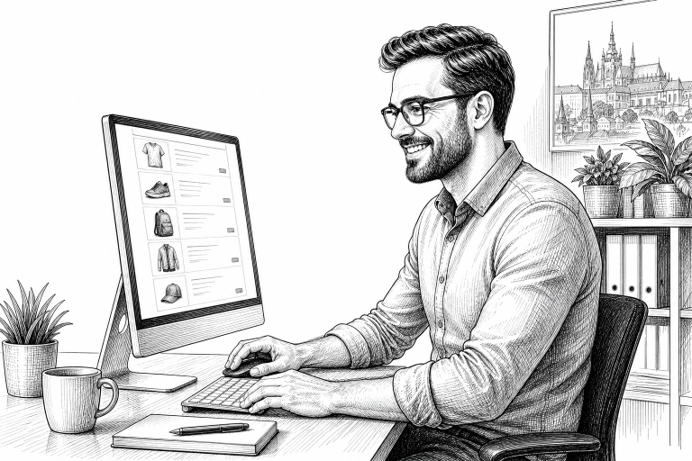 A smiling e-commerce manager browsing a long product listing on a desktop monitor, effortlessly scrolling through an onl