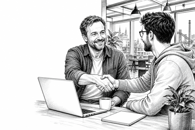 Czech small business owner in his 40s shaking hands with a web developer in a bright modern co-working space near an ind