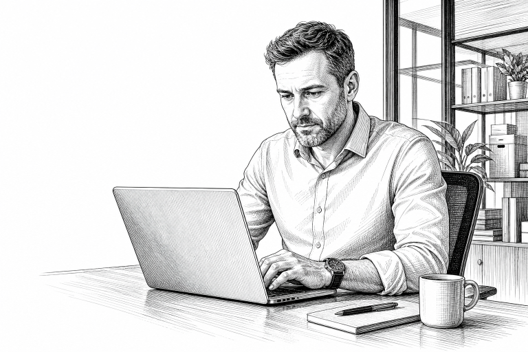 Czech e-commerce entrepreneur in his 40s reviewing product data on a laptop screen, preparing online store migration, mo