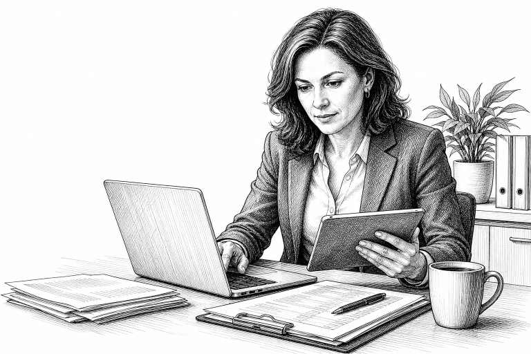 An accountant in her early 40s reviewing financial data on a laptop and tablet at a tidy office desk, with invoice docum