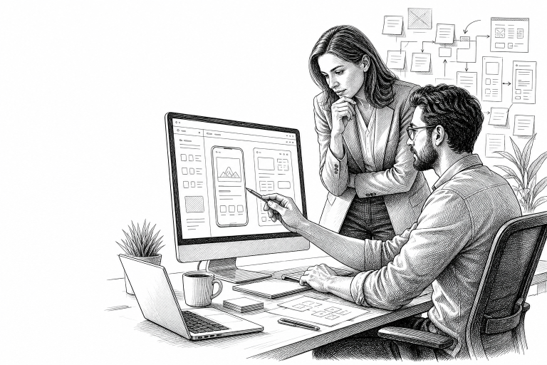 A developer and a business client reviewing a visual app-building interface on a large monitor, surrounded by workflow d