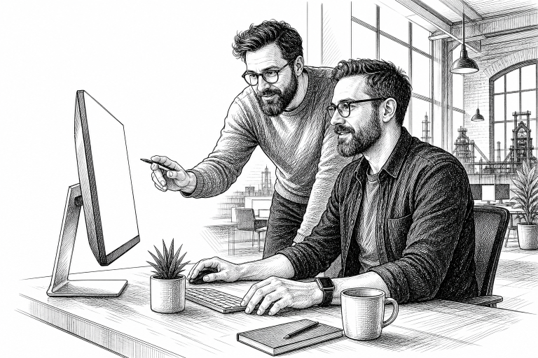 Two web developers in their late 30s reviewing a website project on a large monitor in a modern Ostrava studio office, r