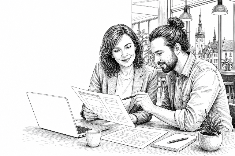 Czech small business owner in her early 40s reviewing website mockups with a web developer at a bright modern coworking