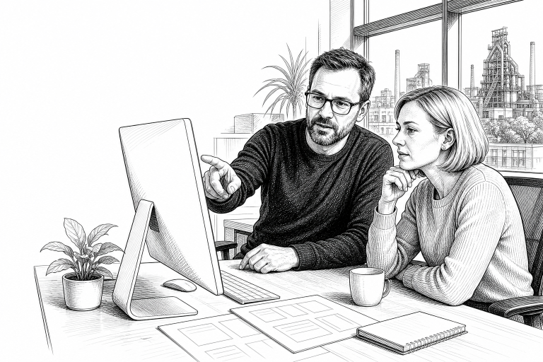 Czech web developer in his early 40s reviewing website mockups with a client in a bright modern Ostrava office, both loo