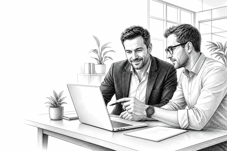 Czech entrepreneur in his early 40s sitting at a desk with a laptop, reviewing e-commerce analytics with a consultant, b