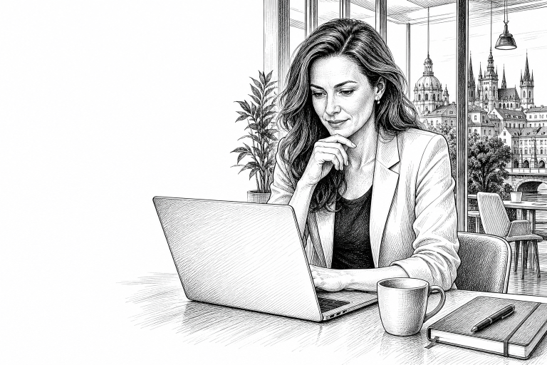 Czech entrepreneur in her early 40s reviewing website mockups on a laptop at a bright modern coworking space in Prague c