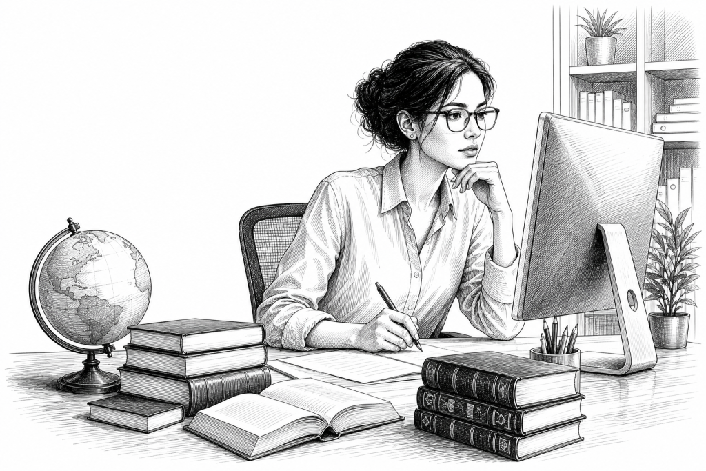 A translator at a desk reviewing multilingual documents on a monitor, with language dictionaries and a globe nearby in a