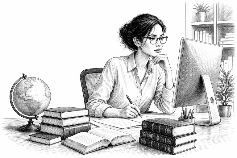 A translator at a desk reviewing multilingual documents on a monitor, with language dictionaries and a globe nearby in a