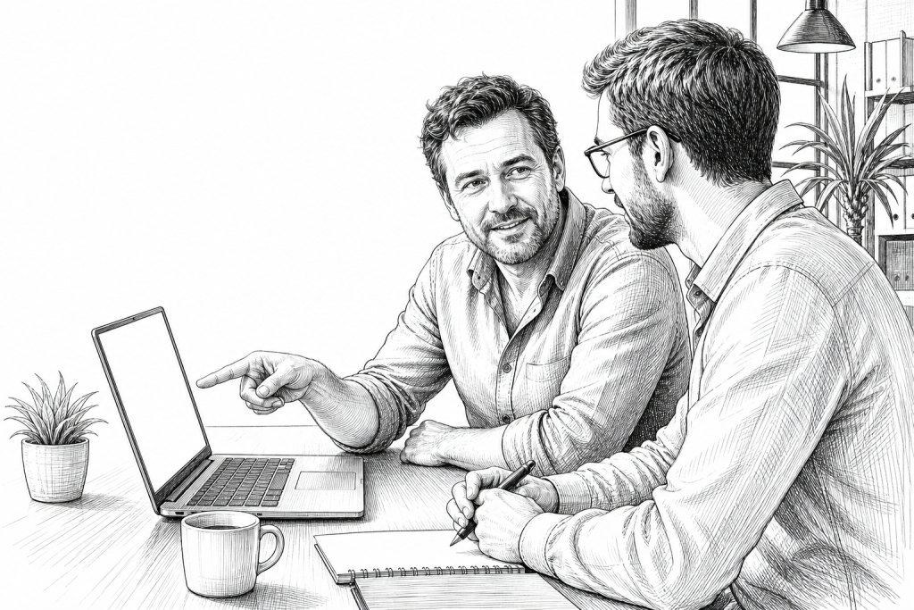 Czech small business owner in his 40s discussing website project with a web developer at a desk, laptop open, pointing a
