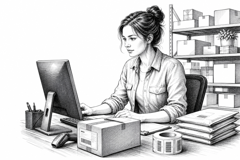 A logistics coordinator at a desk reviewing shipping options on a monitor, with parcels and delivery labels visible near