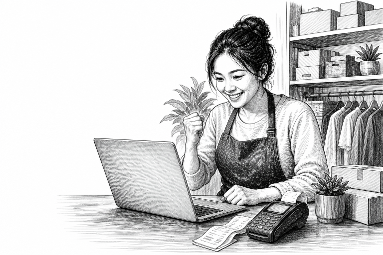 A small e-shop owner at a desk reviewing a laptop screen showing a completed online payment, with a credit card reader a
