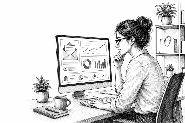 A marketing specialist reviewing personalized email campaign results on a monitor, surrounded by analytics dashboards an