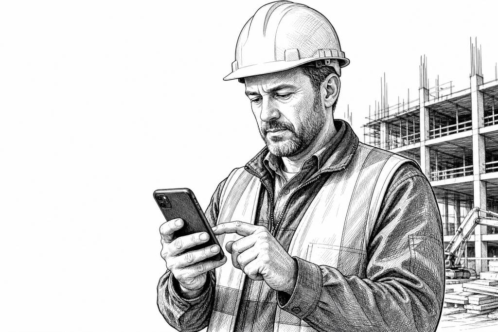 Field service worker in his 40s using a smartphone to log a construction job diary on a building site, wearing a hard ha