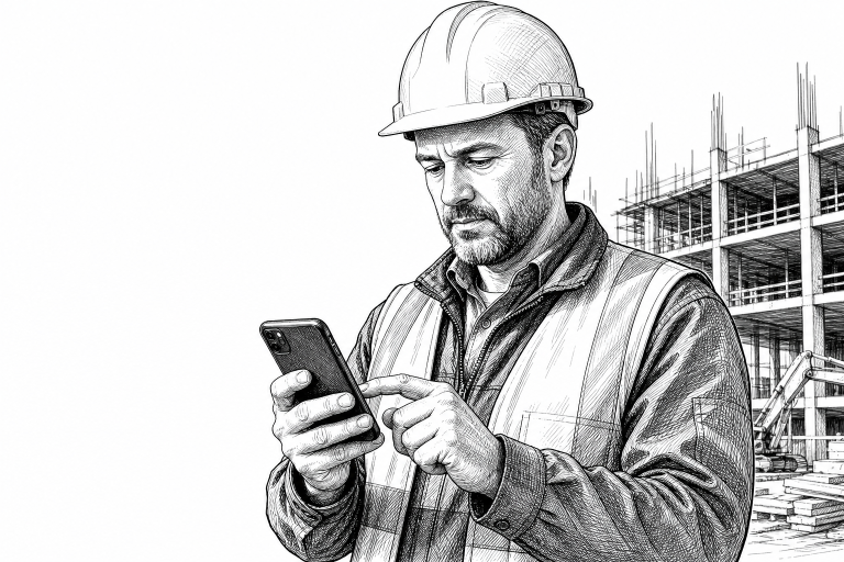 Field service worker in his 40s using a smartphone to log a construction job diary on a building site, wearing a hard ha