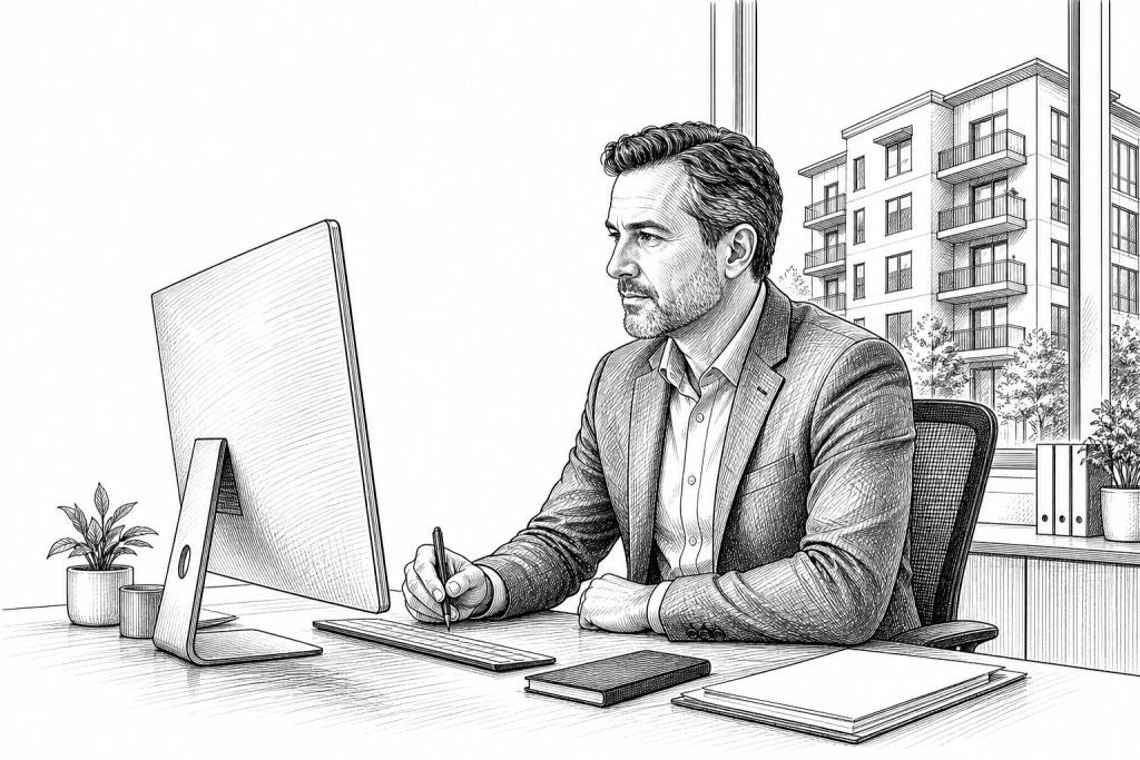 Property manager in his 40s reviewing rental payment dashboard on a large monitor in a modern office, apartment building