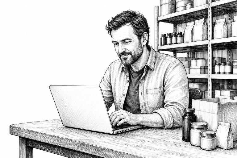 Czech small business owner in his 40s reviewing an e-commerce website on a laptop at a wooden desk, warehouse shelves wi
