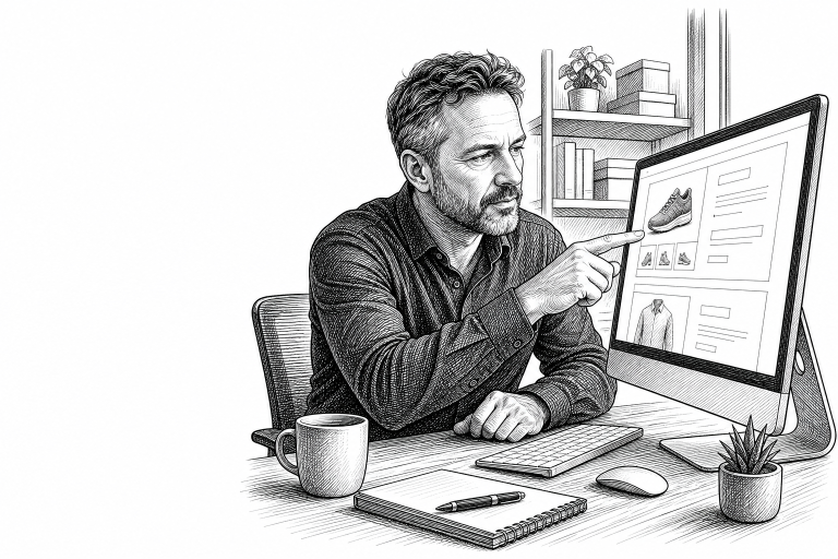 Czech eshop owner in his 40s reviewing product page designs on a desktop monitor in a small modern office, pointing at s