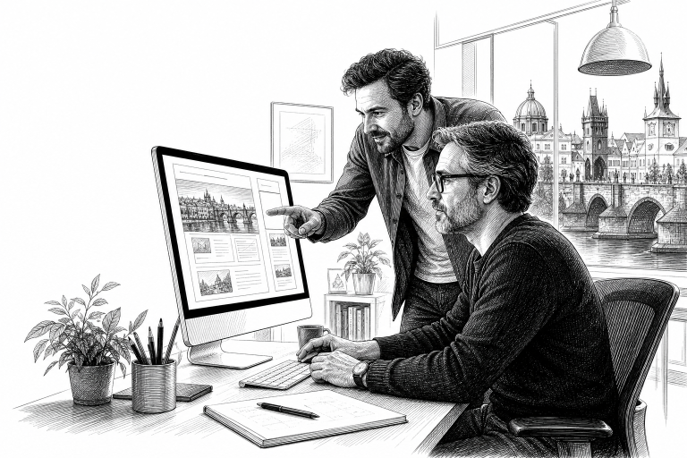 A web designer in his 40s reviewing custom website mockups on a large monitor, while a client points at the screen with