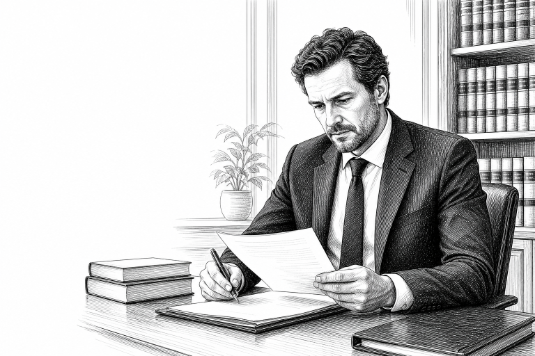 A focused Czech lawyer in his 40s reviewing documents at a clean wooden desk in a modern law office, bookshelves with le