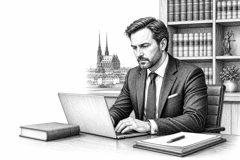 A male lawyer in his 40s sitting at a desk in a modern Brno law office, reviewing documents on a laptop, bookshelves wit