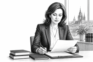 Female lawyer in her 40s reviewing documents at a clean desk in a modern law office in a Czech city, focused and confide