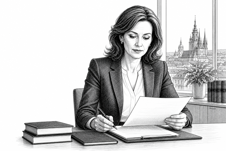 Female lawyer in her 40s reviewing documents at a clean desk in a modern law office in a Czech city, focused and confide