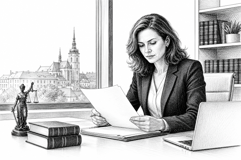 A lawyer in her early 40s reviewing documents at a clean desk in a modern law office in a Czech regional city, natural l