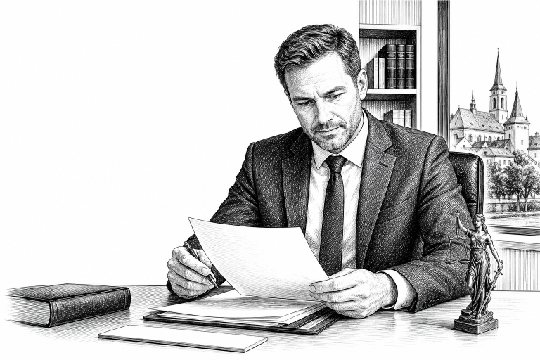 A lawyer in his 40s reviewing documents at a clean desk in a modern law office in a Czech regional city, focused and con