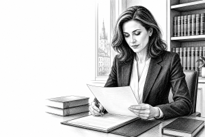 A lawyer in her early 40s reviewing documents at a clean desk in a modern Olomouc law office, bookshelves with legal vol