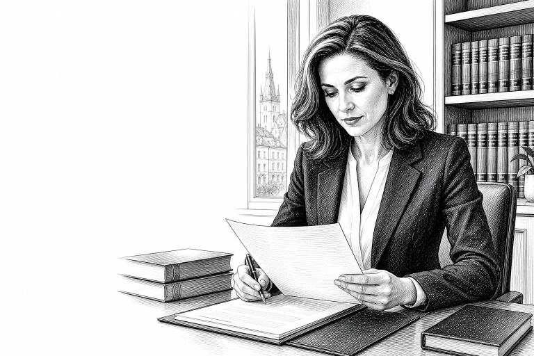 A lawyer in her early 40s reviewing documents at a clean desk in a modern Olomouc law office, bookshelves with legal vol