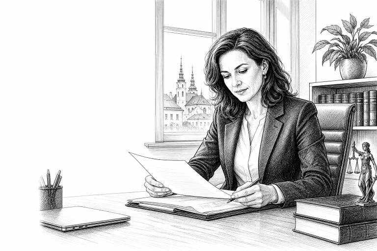 A lawyer in her early 40s reviewing documents at a clean wooden desk in a modern law office in a Czech regional city, na