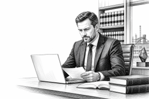 Czech lawyer in his 40s sitting at a desk in a modern Ostrava law office, reviewing documents on a laptop, bookshelves w