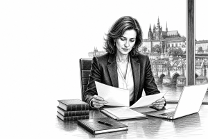 Prague-based lawyer in her 40s reviewing documents at a modern office desk, city skyline visible through large window be