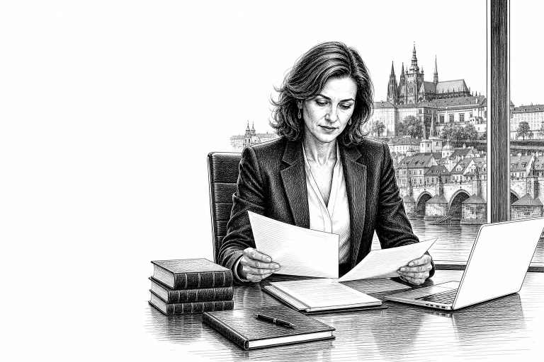 Prague-based lawyer in her 40s reviewing documents at a modern office desk, city skyline visible through large window be