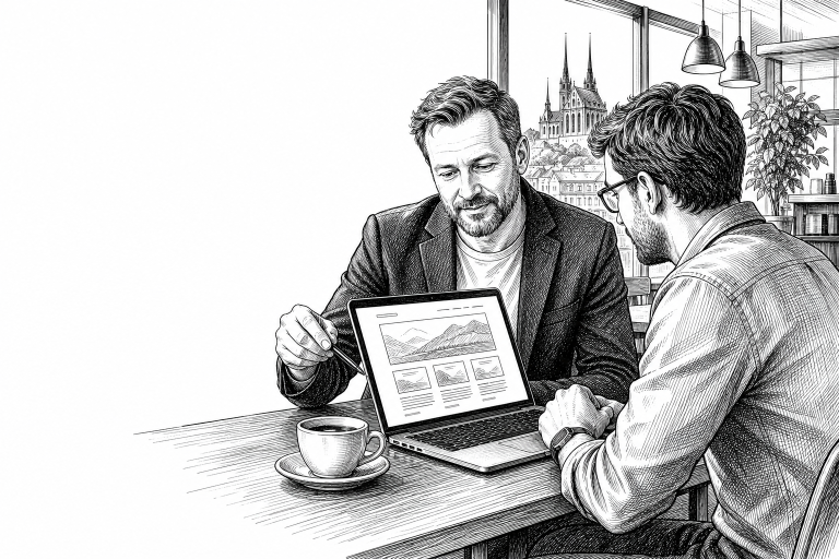 Czech small business owner in his 40s meeting with a web developer at a modern cafe in Brno, reviewing website mockups o