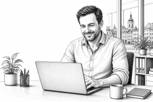 A Czech small business owner in his early 40s reviewing a new company website on a laptop in a bright modern office in Č