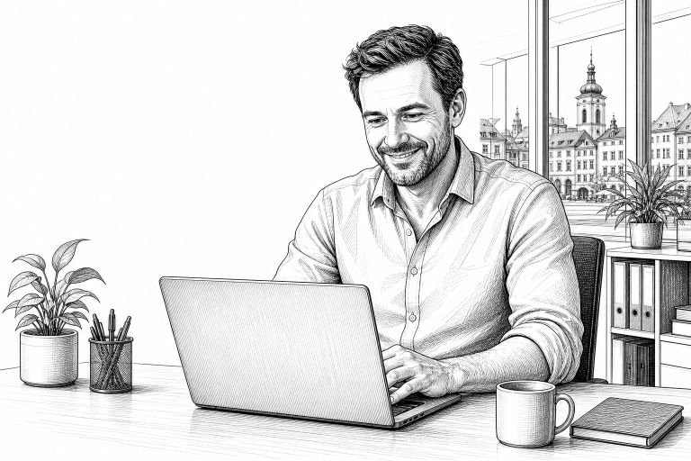 A Czech small business owner in his early 40s reviewing a new company website on a laptop in a bright modern office in Č