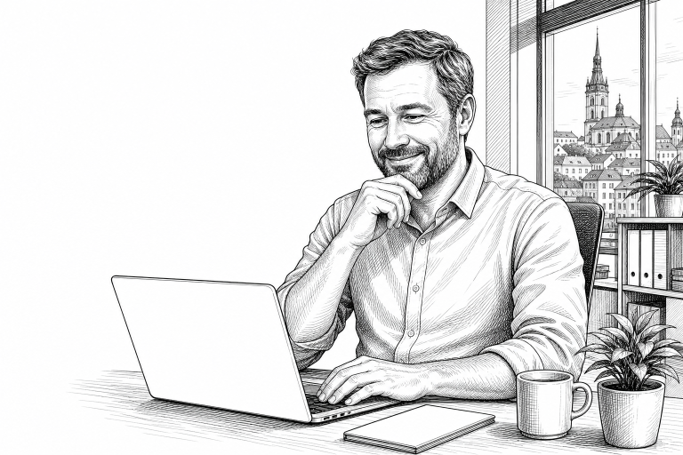 Czech small business owner in his 40s reviewing a new company website on a laptop in a bright modern office in a regiona