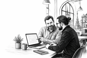 Czech small business owner in his 40s meeting with a web developer in a bright modern coworking space in Olomouc, review