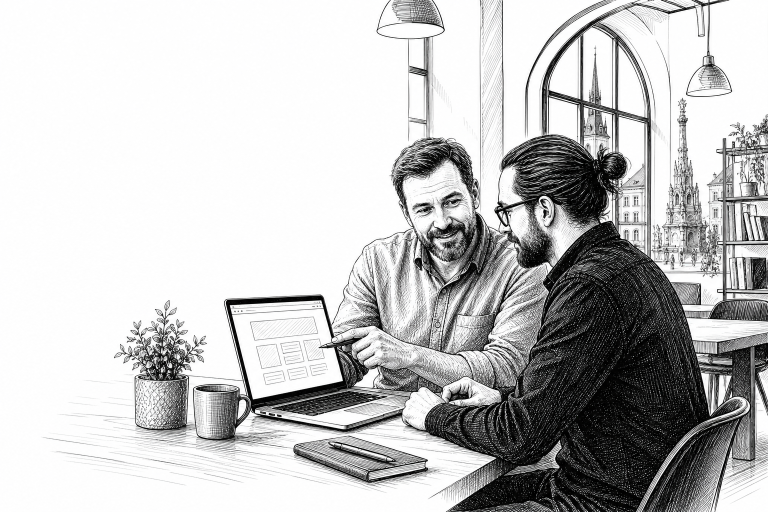 Czech small business owner in his 40s meeting with a web developer in a bright modern coworking space in Olomouc, review