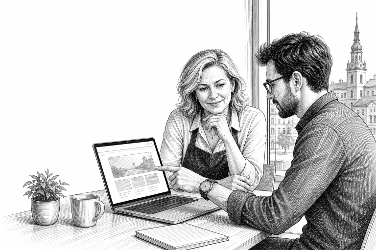 Small business owner in her 40s meeting with a web developer at a bright office table in Opava, reviewing website mockup