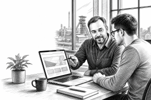 Czech small business owner in his 40s meeting with a web developer at a modern office in Ostrava, reviewing website desi
